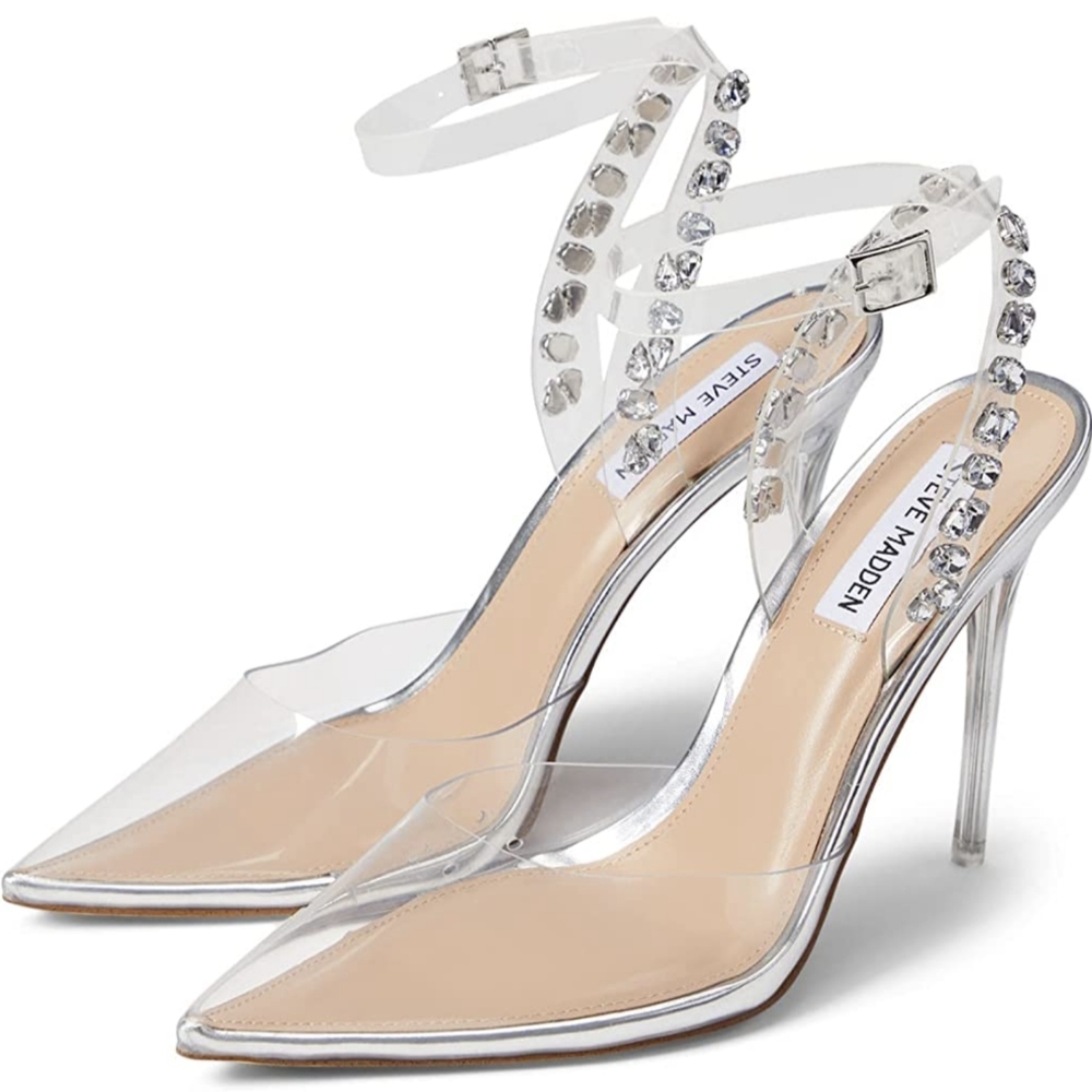 Steve Madden, clear, pointy toe, rhinestone straps, heels. Runs small.